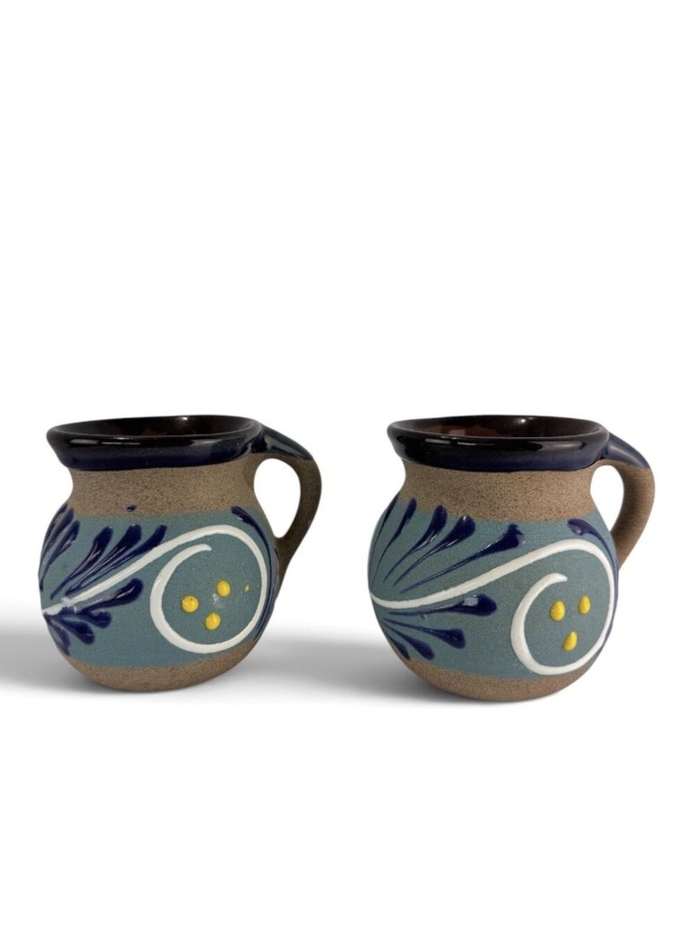 Jarritos Mexican Clay Coffee Mug Blue Handpainted Terra Cotta Pottery